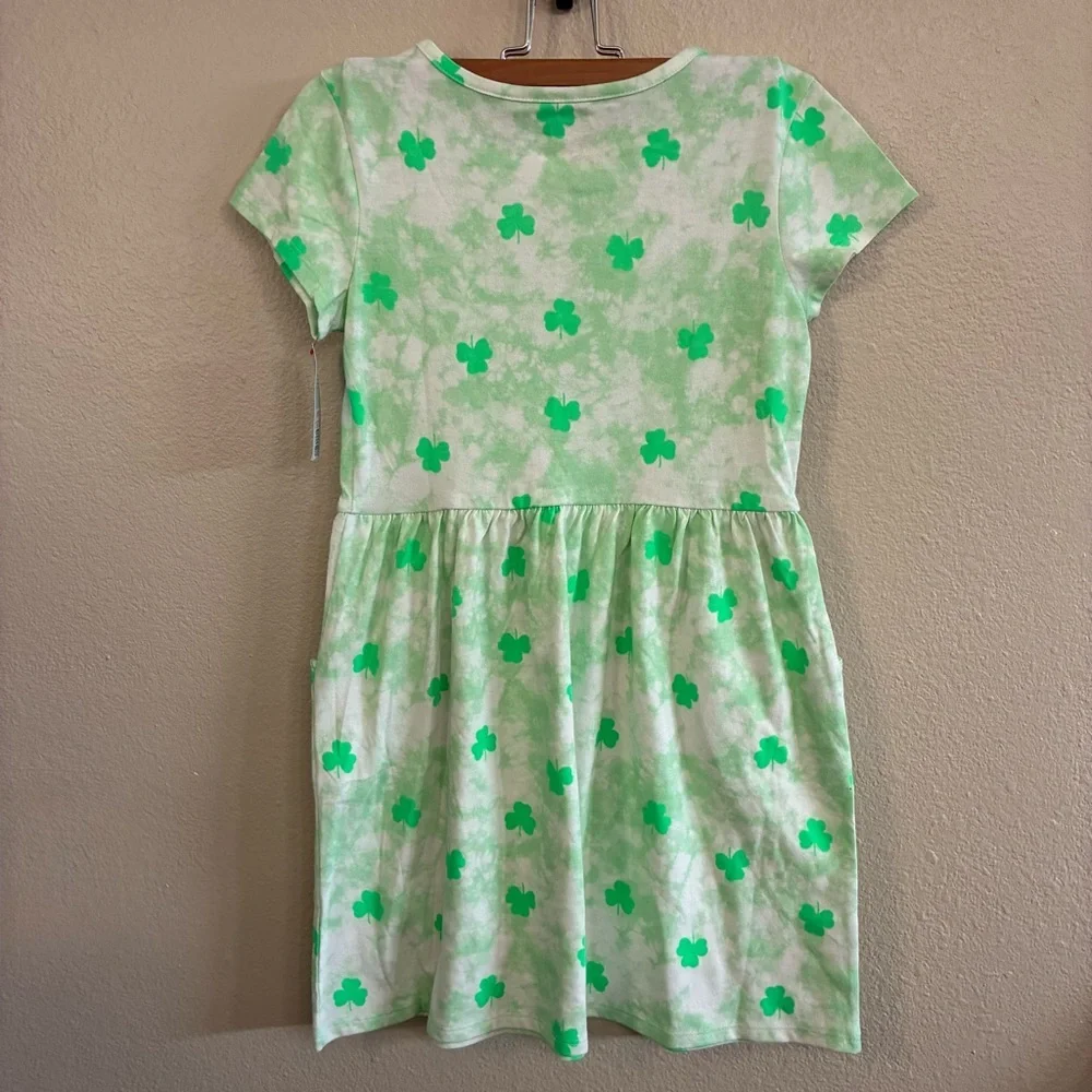 Cat & Jack Girls Green Shamrock Short  Sleeves Pocket Babydoll Style Dress Sz L